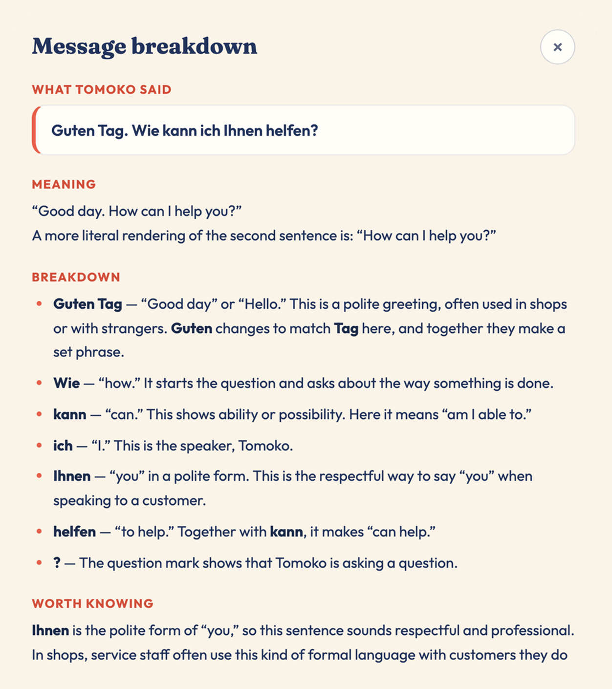 A message breakdown explaining a sentence word by word