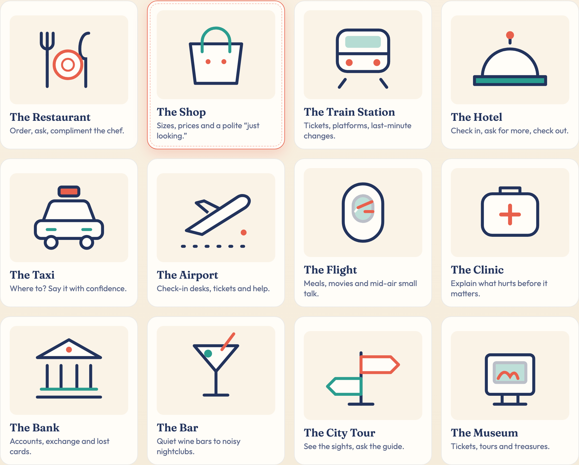 A grid of twelve everyday scenes to practise, from the restaurant to the museum